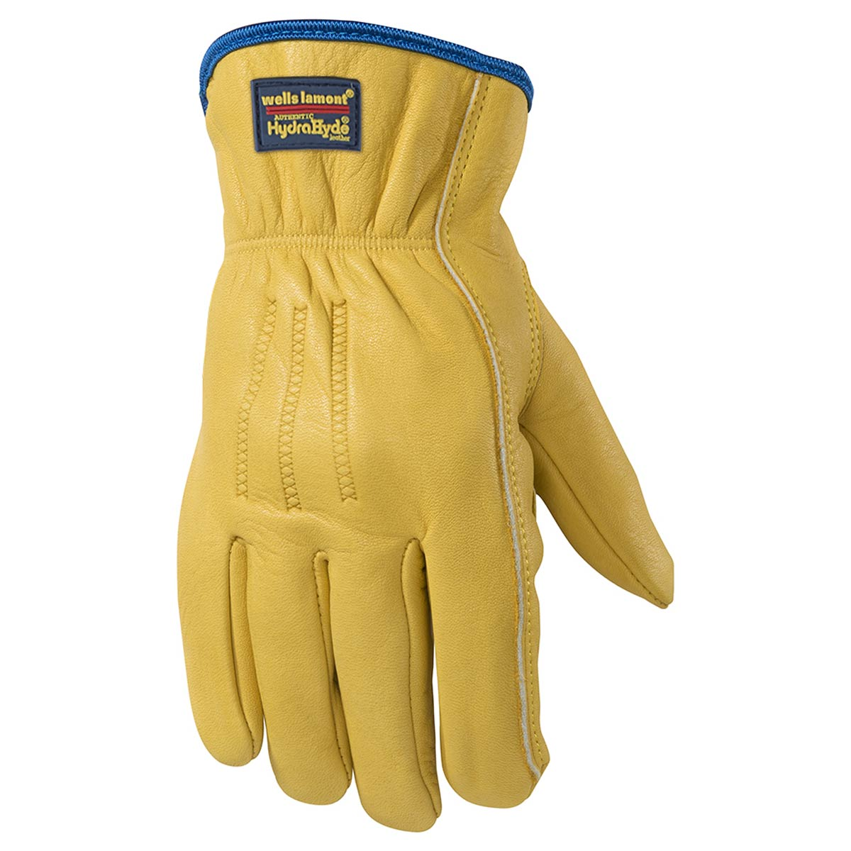 Yellow leather glove with heavy stiching
