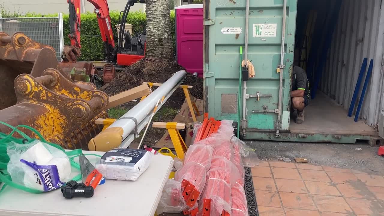 site storage container, container organisation and front of site setup in progress